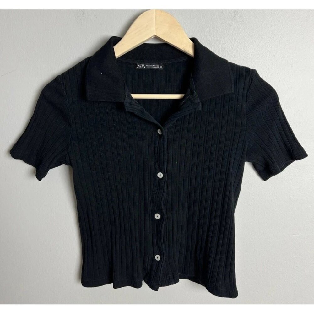 Zara Black Ribbed Button Front Collared Short Sleeve Top Women’s Small